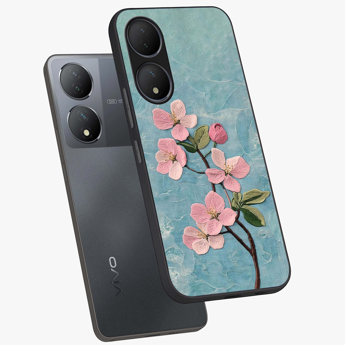 Threaded Blossom Breeze Glass Case displayed in angled mockup highlighting elegant floral design with soft aesthetic style.