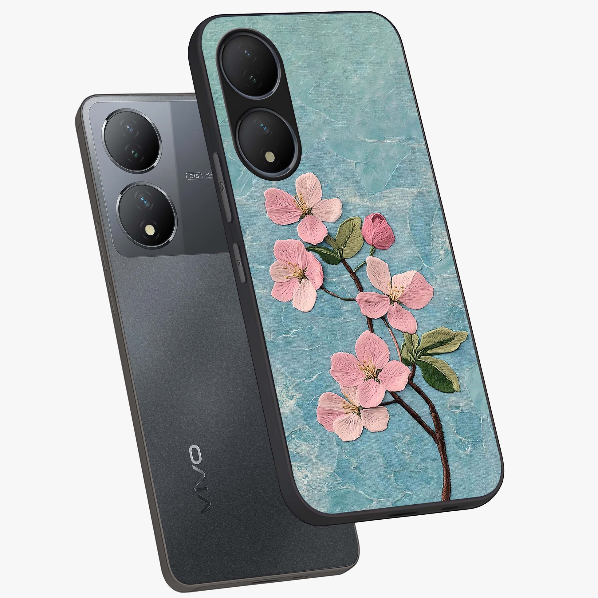 Threaded Blossom Breeze Glass Case displayed in angled mockup highlighting elegant floral design with soft aesthetic style.