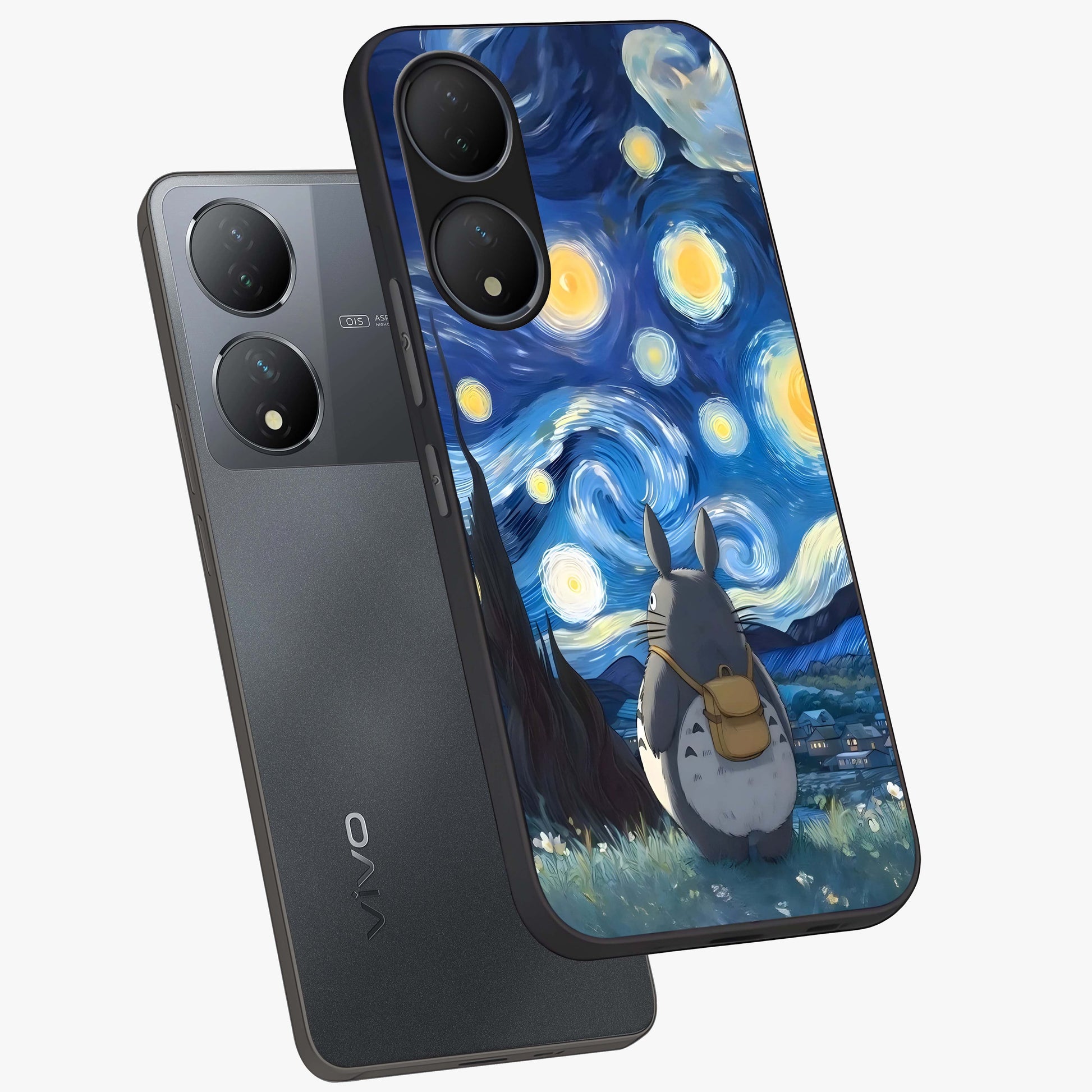 Totoro In Van Gogh Art Glass Case displayed in angled mockup highlighting artistic swirling sky design with playful animation aesthetic.
