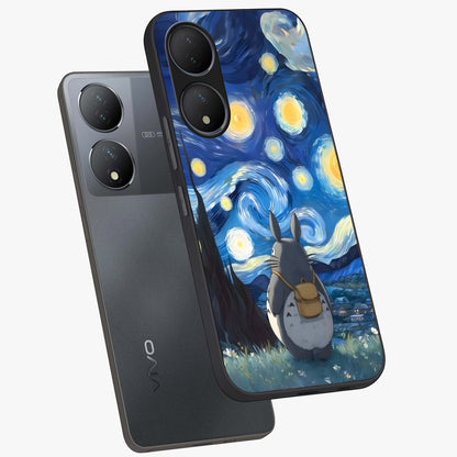 Totoro In Van Gogh Art Glass Case displayed in angled mockup highlighting artistic swirling sky design with playful animation aesthetic.
