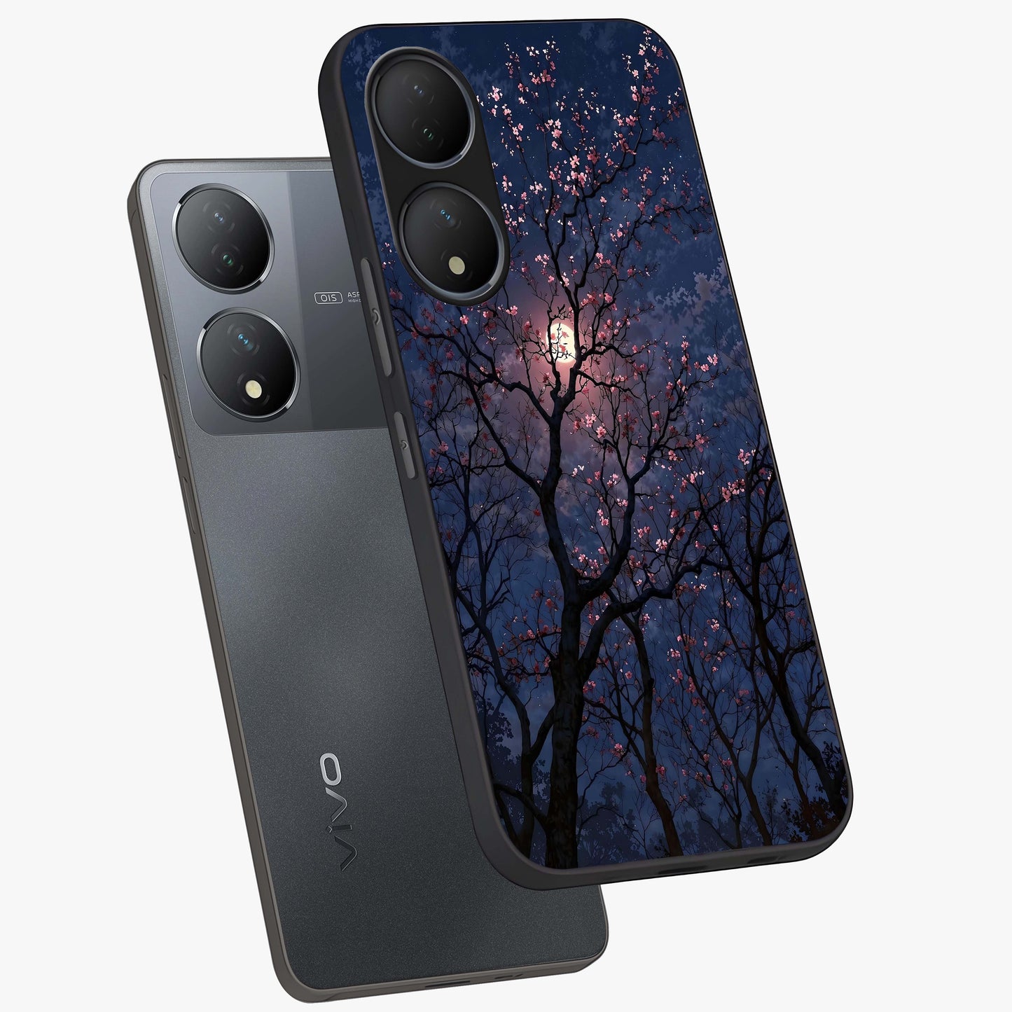 Twilight Sakura Serenade Glass Case displayed in angled mockup highlighting delicate sakura flower design with dreamy aesthetic.