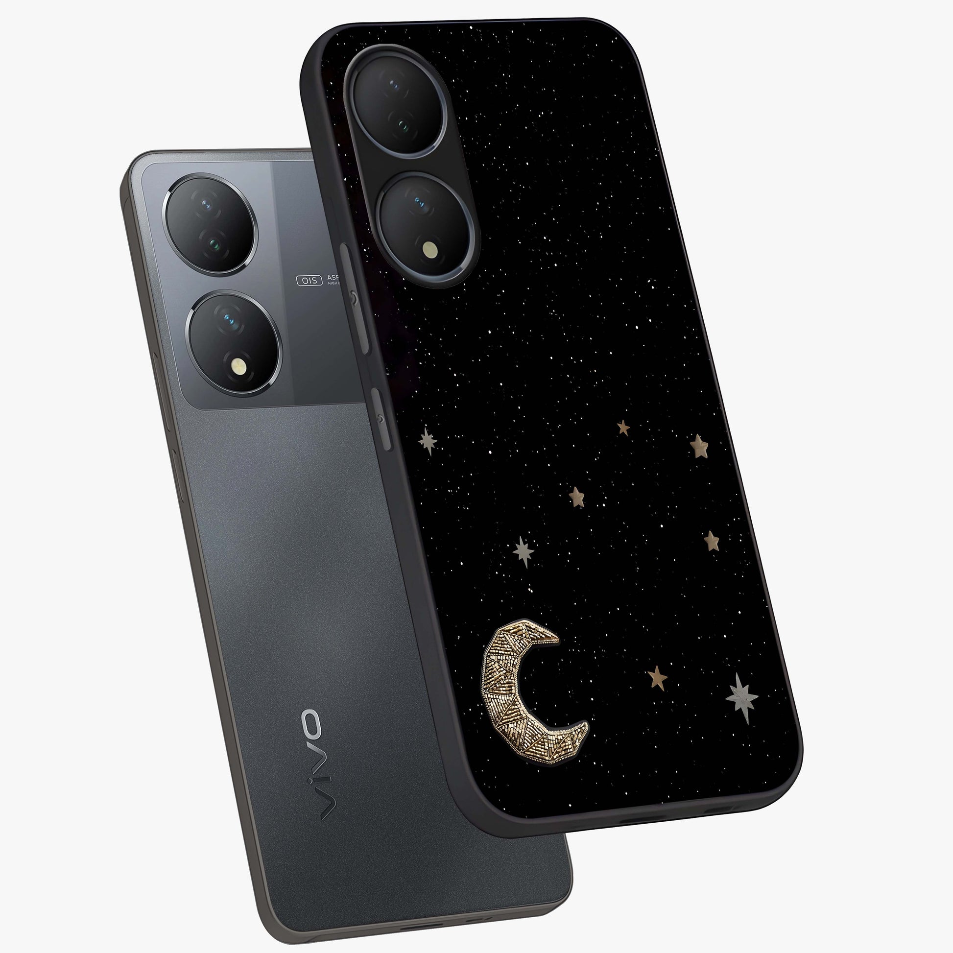 Twinkle Star With Half Moon Glass Case displayed in angled mockup highlighting celestial moon and star design with magical aesthetic.