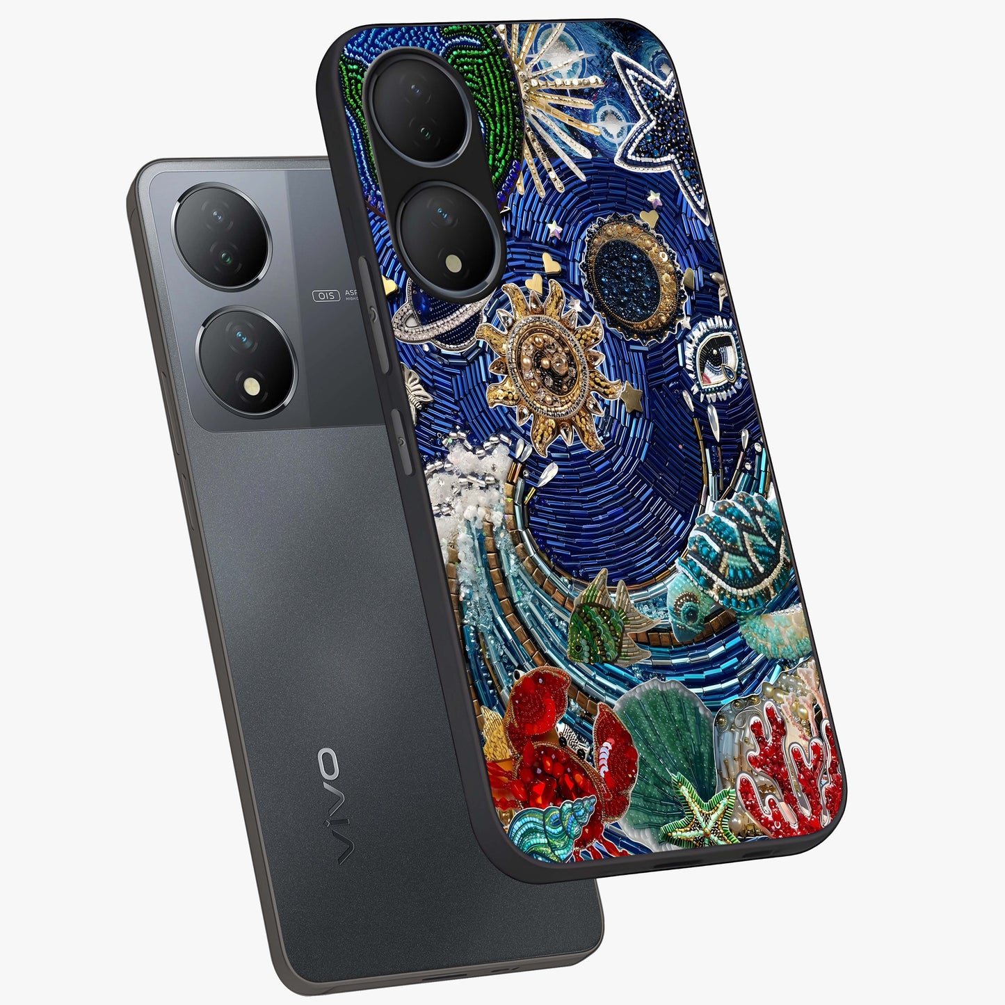 Universe Underwater Spark Glass Case displayed in angled mockup highlighting glowing aquatic design with celestial aesthetic.