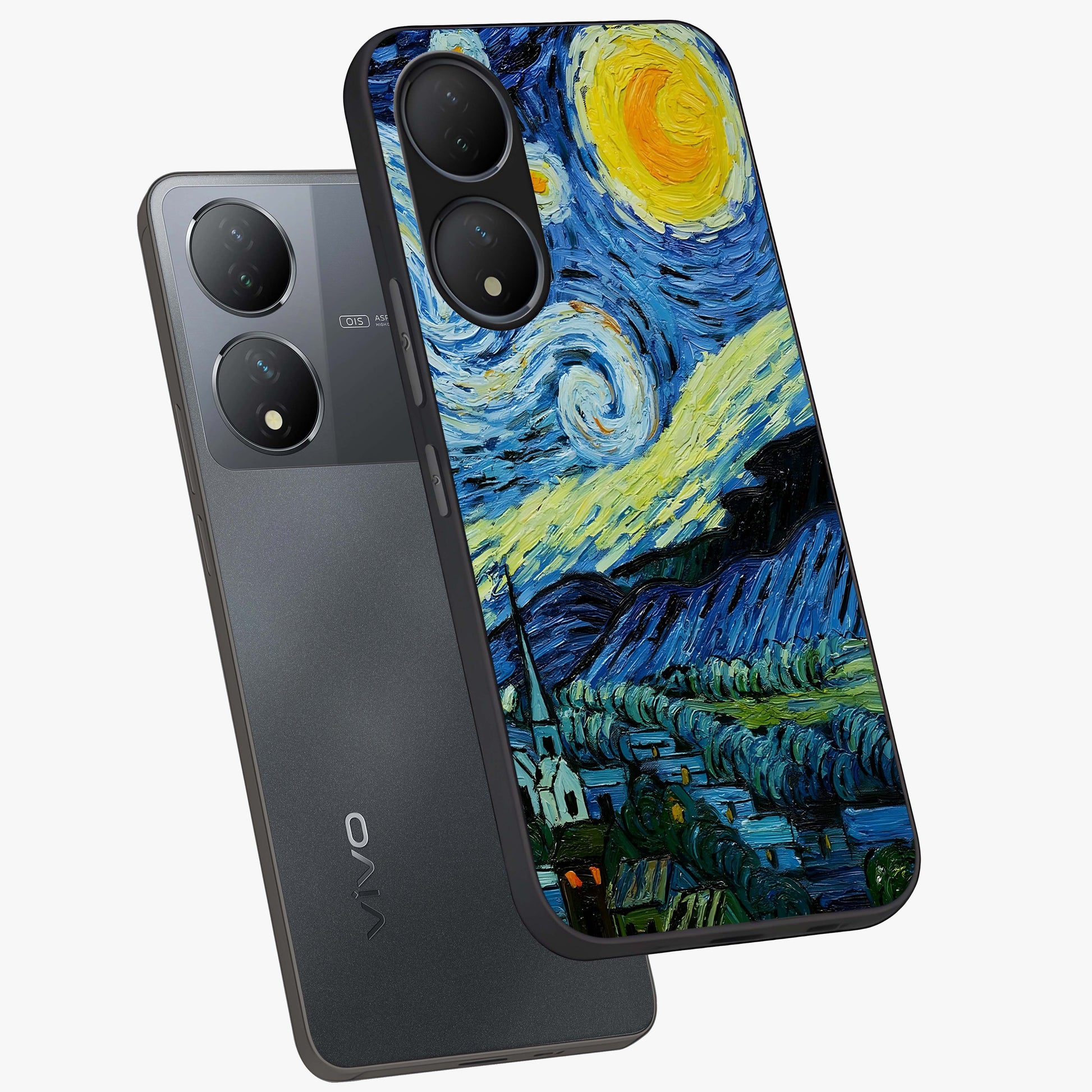 Van Gogh Art Glass Case displayed in angled mockup highlighting swirling brushstroke design with artistic aesthetic.