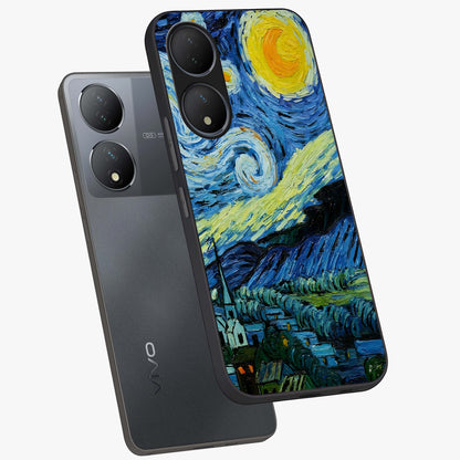 Van Gogh Art Glass Case displayed in angled mockup highlighting swirling brushstroke design with artistic aesthetic.