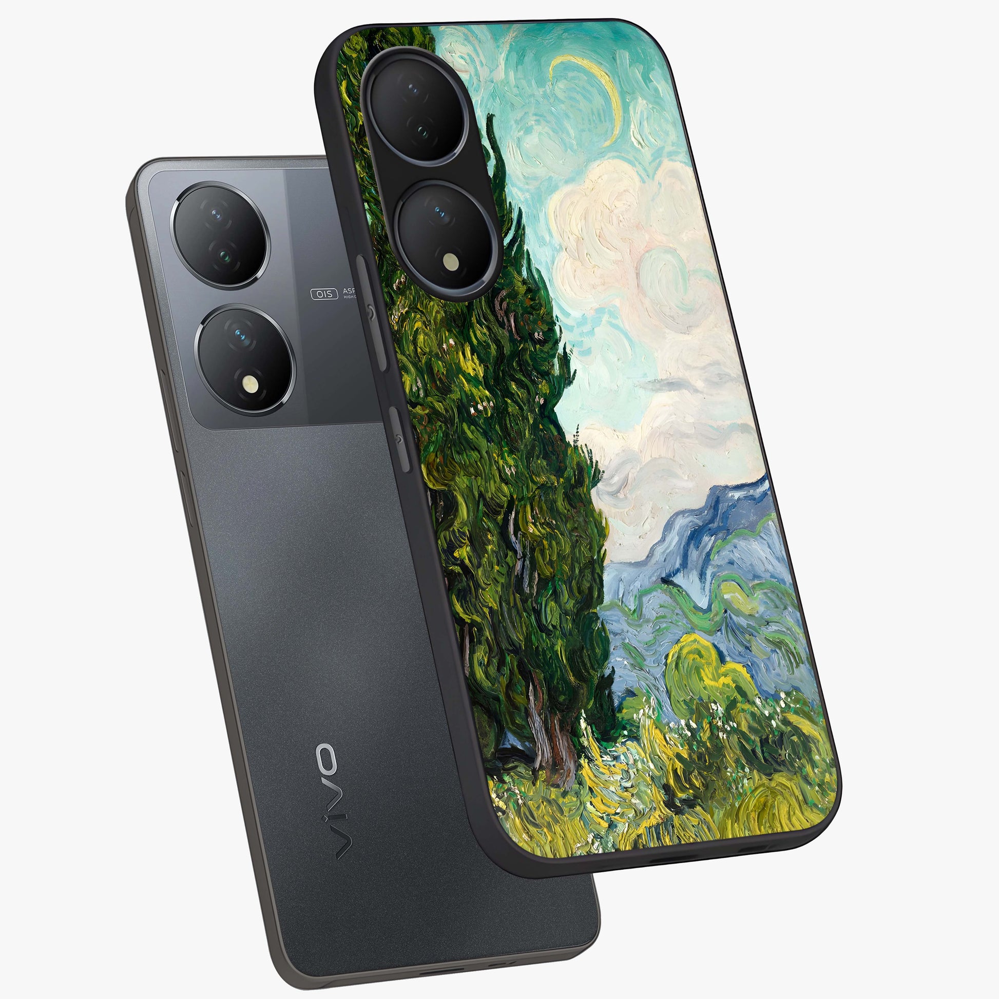 Van Gogh Vintage Art Glass Case displayed in angled mockup highlighting textured brushstroke design with classic aesthetic.