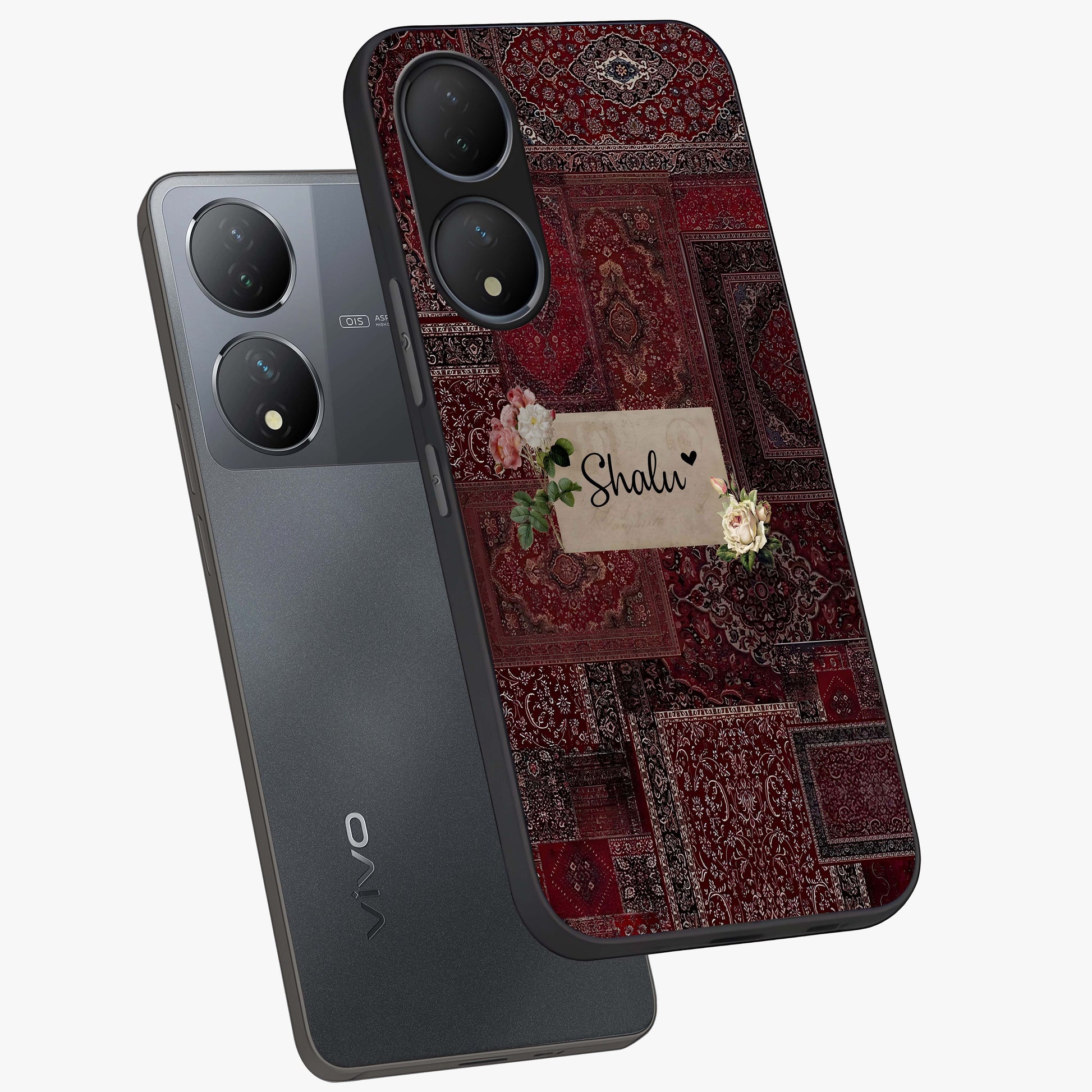 Velvet Wine Pattern Custom Name Glass Case displayed in angled mockup highlighting decorative velvet inspired design with custom name feature.