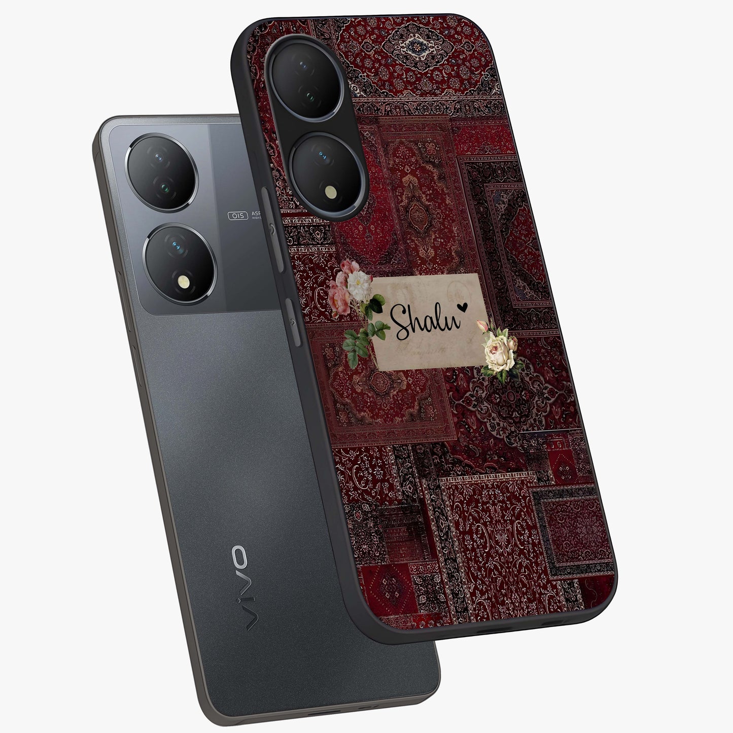 Velvet Wine Pattern Custom Name Glass Case displayed in angled mockup highlighting decorative velvet inspired design with custom name feature.