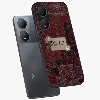 Velvet Wine Pattern Custom Name Glass Case displayed in angled mockup highlighting decorative velvet inspired design with custom name feature.