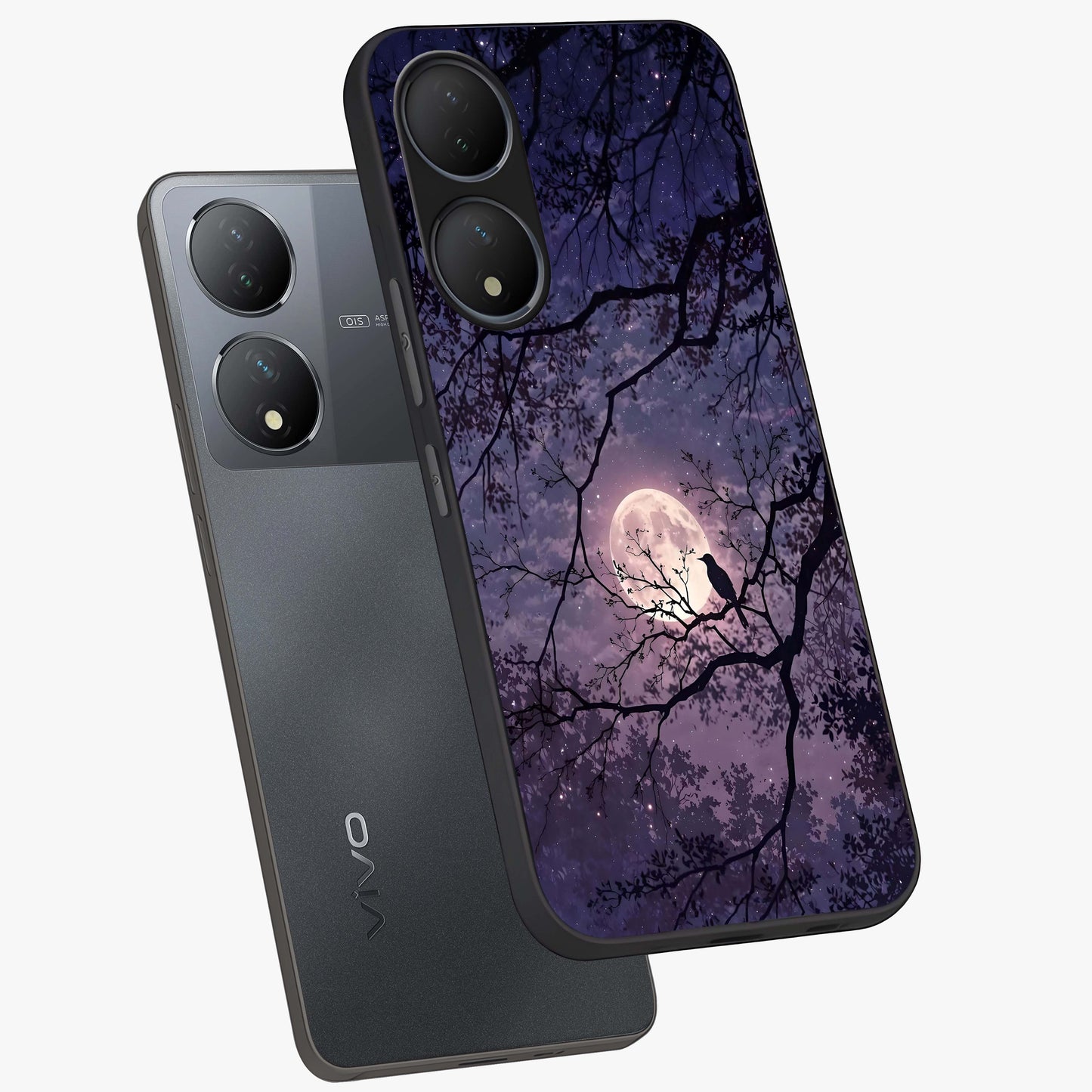 Whispering Moon Silence Glass Case displayed in angled mockup highlighting calm lunar design with dreamy night aesthetic.