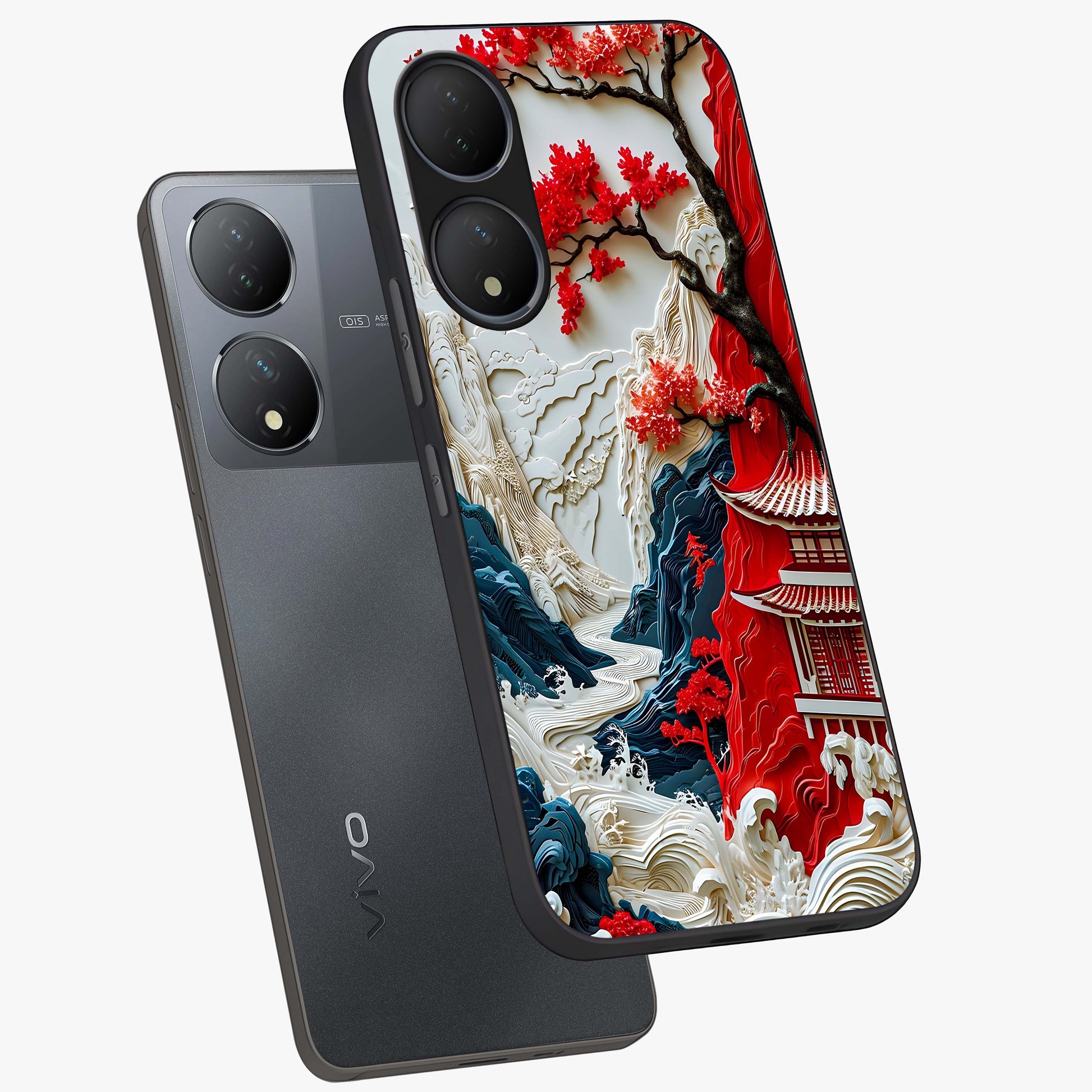 Whispers Of Sakura Waves Glass Case displayed in angled mockup highlighting flowing sakura design with soft floral aesthetic.