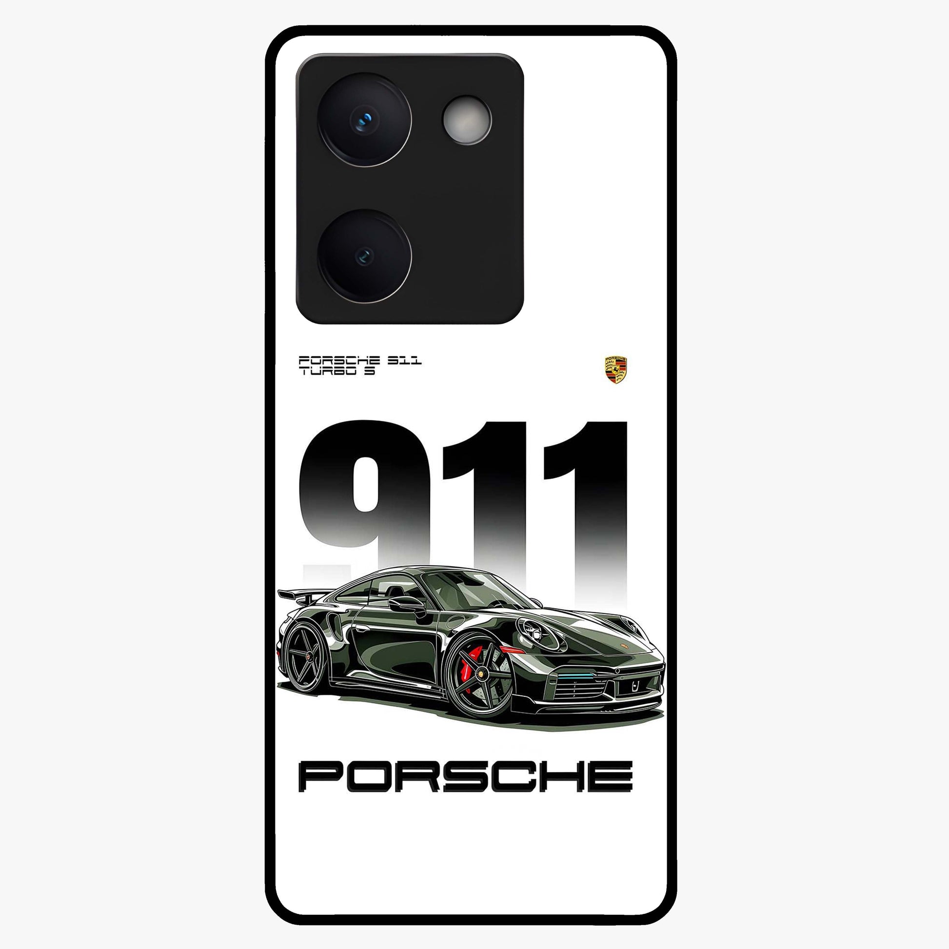 911 Turbo Dominance Glass Case showing clean flat back view with bold 911 sports car artwork and glossy glass finish.