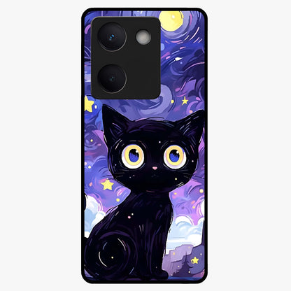 Abstract Cat Art Glass Case showing flat back view with artistic cat illustration and glossy glass finish.