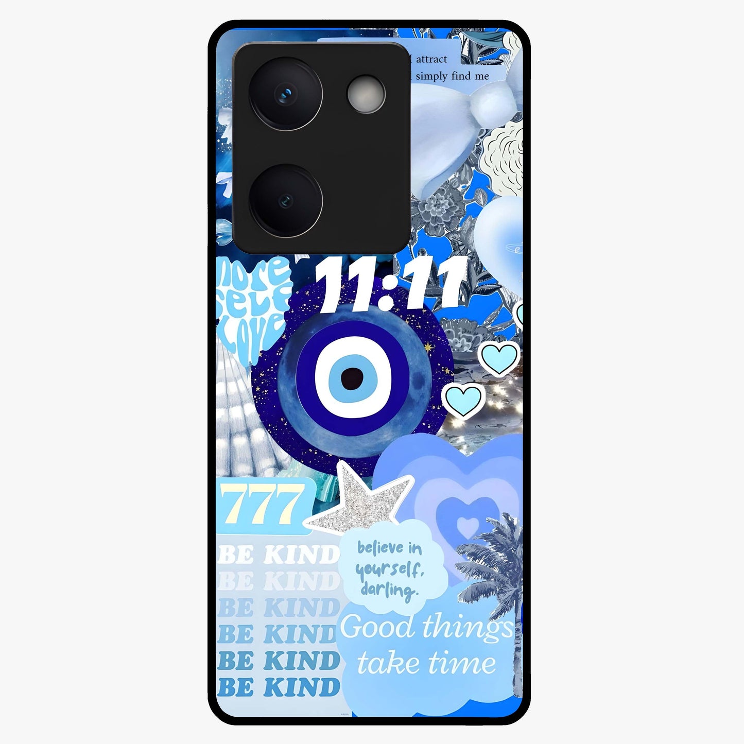 Aesthetic Be Kind Eye Glass Case showing flat back view with motivational eye artwork and glossy glass finish.