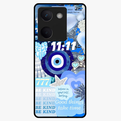 Aesthetic Be Kind Eye Glass Case showing flat back view with motivational eye artwork and glossy glass finish.