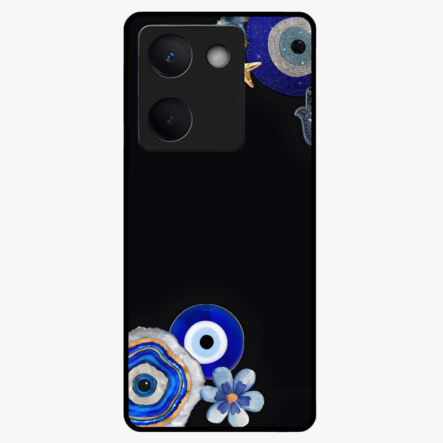 Aesthetic Blue Evil Eye Glass Case showing flat back view with protective evil eye artwork and glossy glass finish.