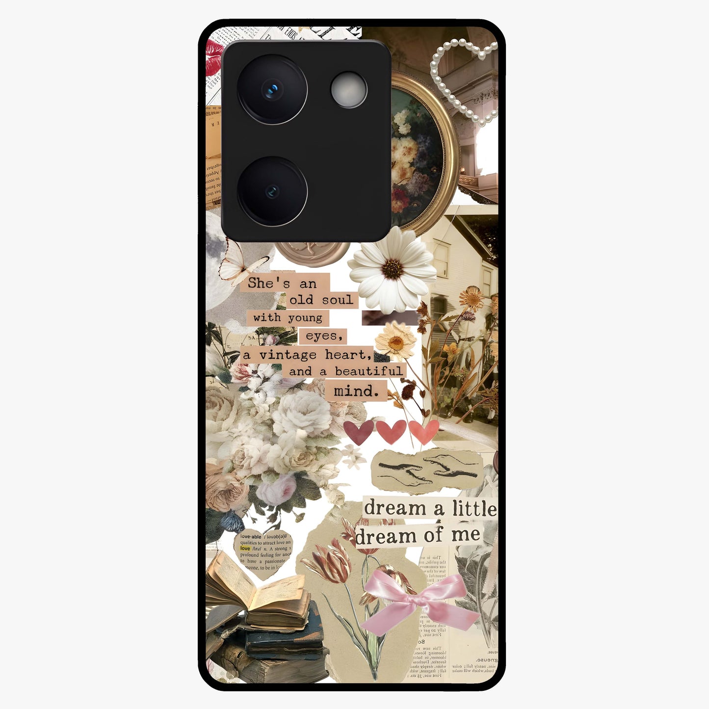 Aesthetic Brown Vintage Collage Glass Case showing flat back view with retro collage artwork and glossy glass finish.