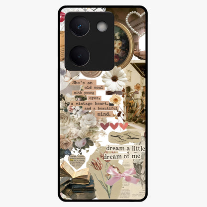 Aesthetic Brown Vintage Collage Glass Case showing flat back view with retro collage artwork and glossy glass finish.