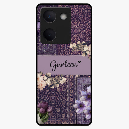 Antique Floral Whisper Custom Name Glass Case showing flat back view with vintage floral artwork and personalized name design.