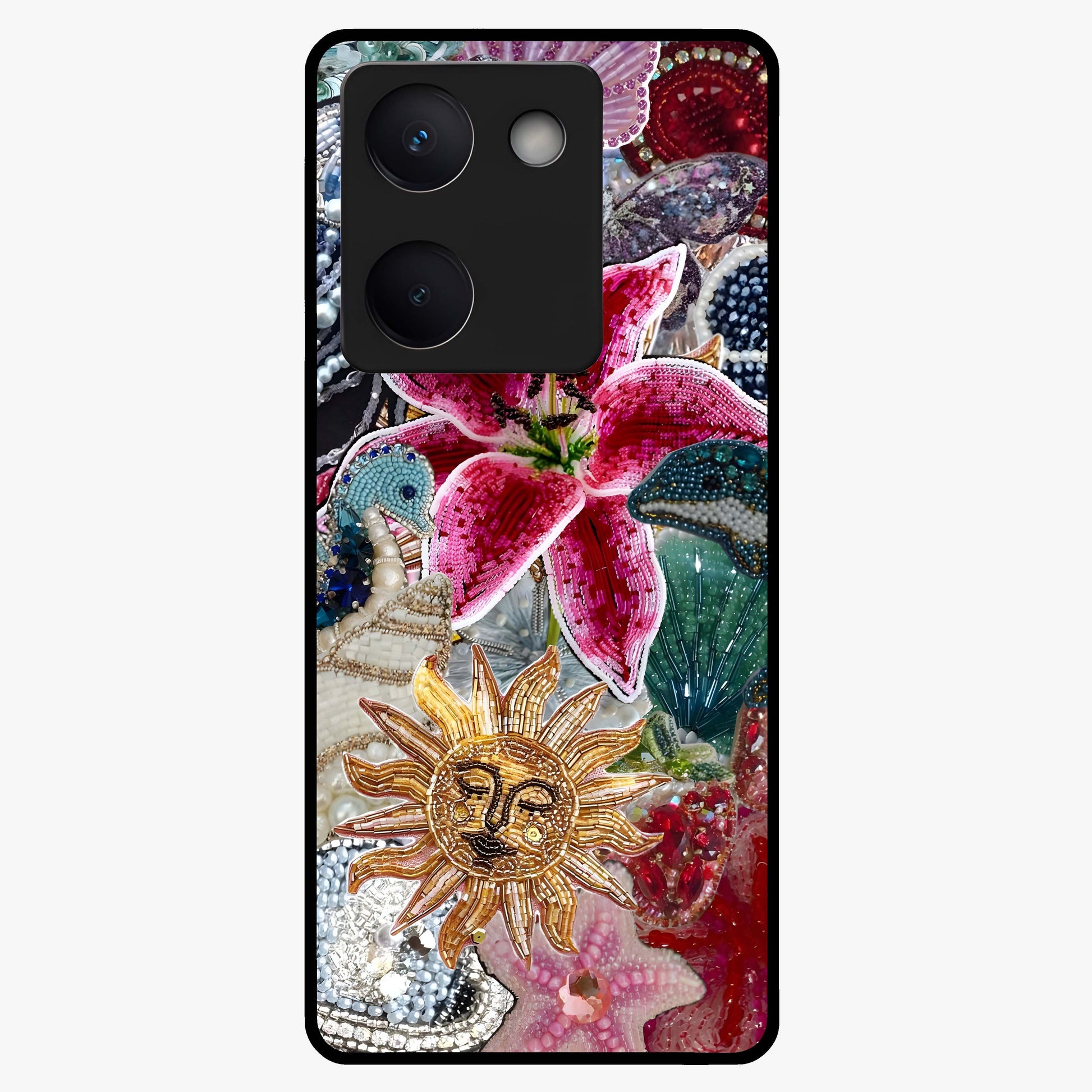 Beaded Garden Fantasy Glass Case showing flat back view with dreamy garden bead artwork and glossy glass finish.