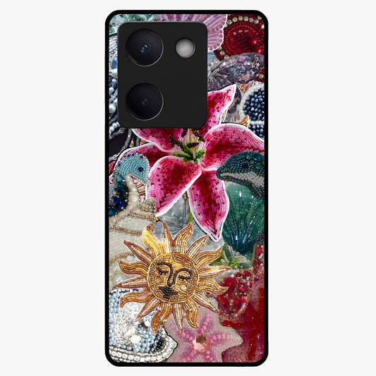Beaded Garden Fantasy Glass Case showing flat back view with dreamy garden bead artwork and glossy glass finish.