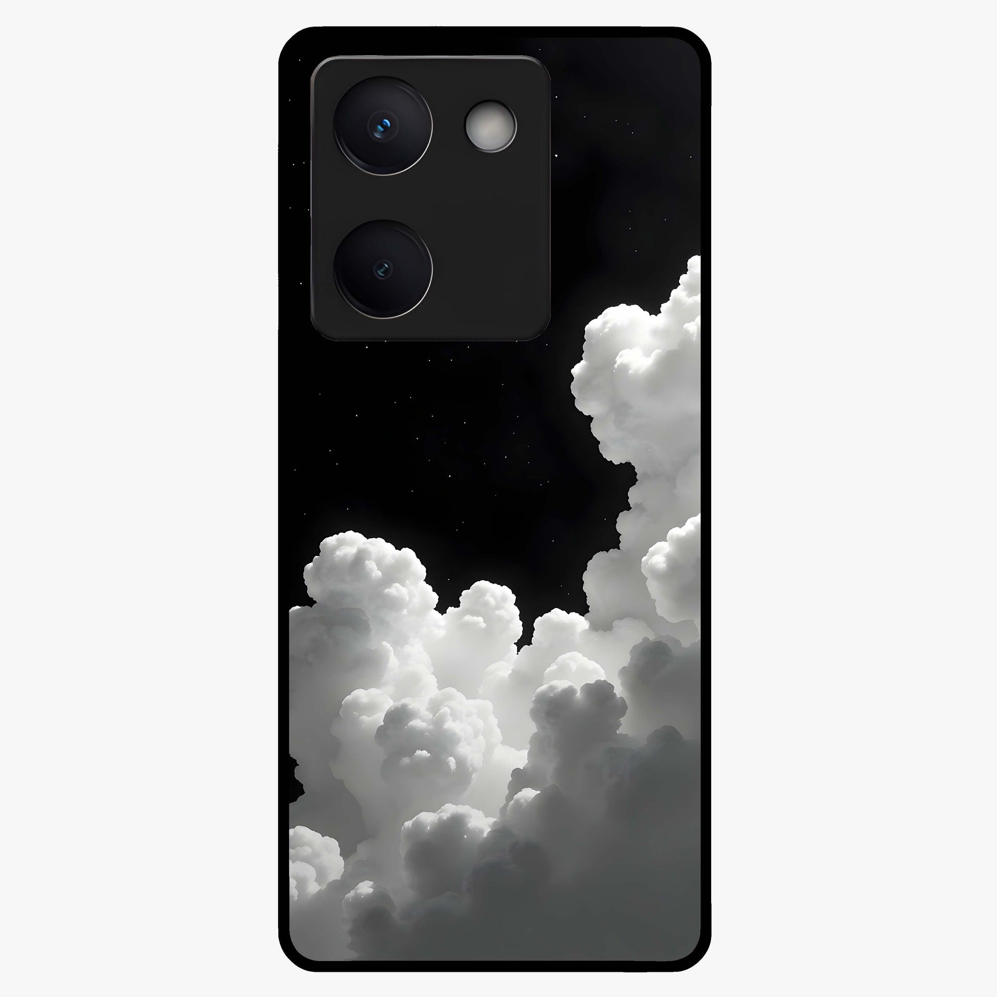 Black Background With White Cloud Glass Case showing flat back view with minimal cloud artwork on dark background and glossy glass finish.
