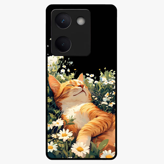 Blissful Bloom Cat Glass Case showing flat back view with cute cat and floral bloom artwork and glossy glass finish.