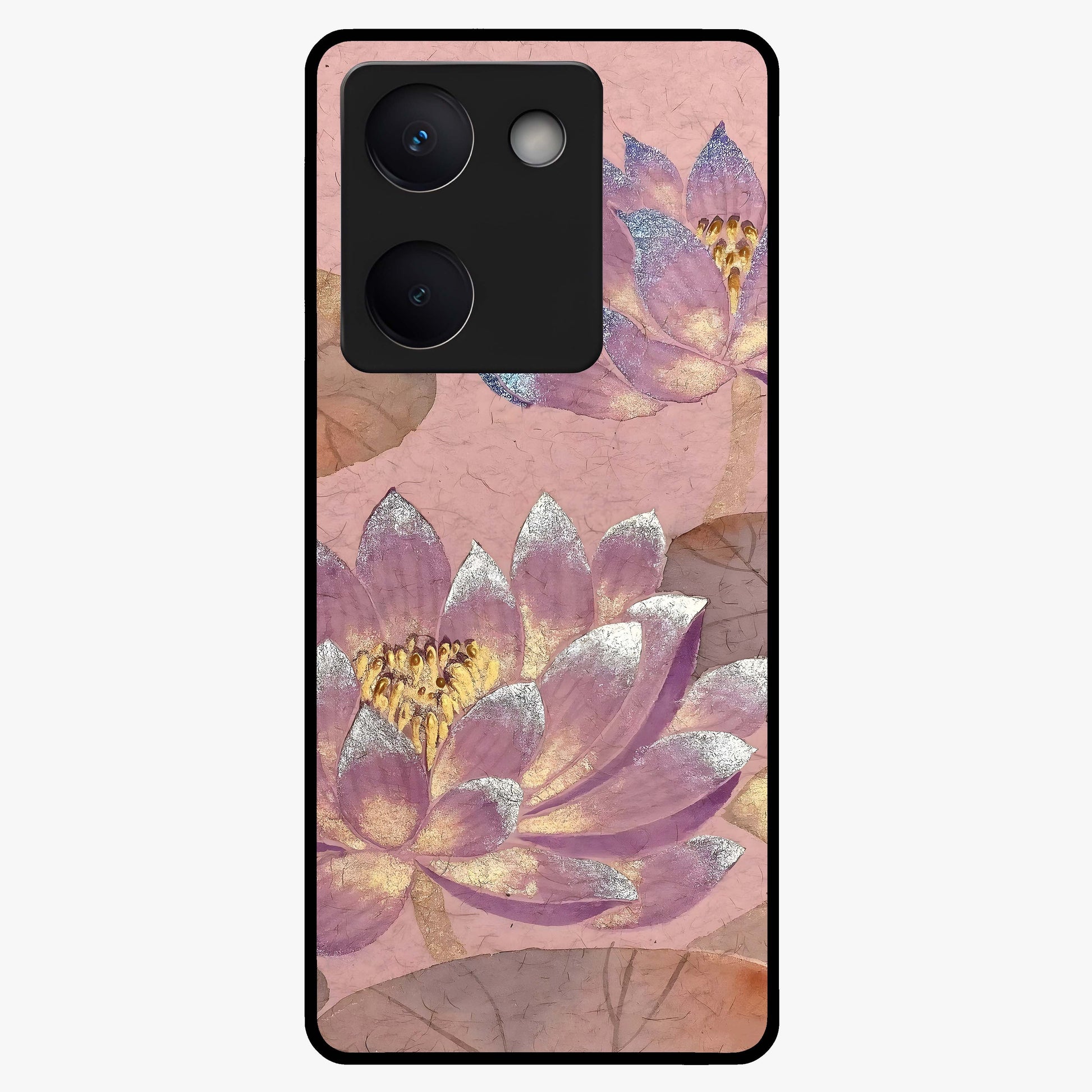 Blossom Mist Lotus Glass Case showing flat back view with serene lotus blossom artwork and glossy glass finish.