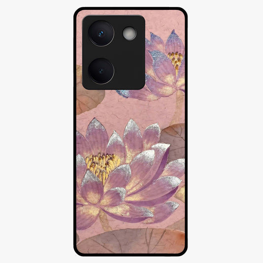 Blossom Mist Lotus Glass Case showing flat back view with serene lotus blossom artwork and glossy glass finish.
