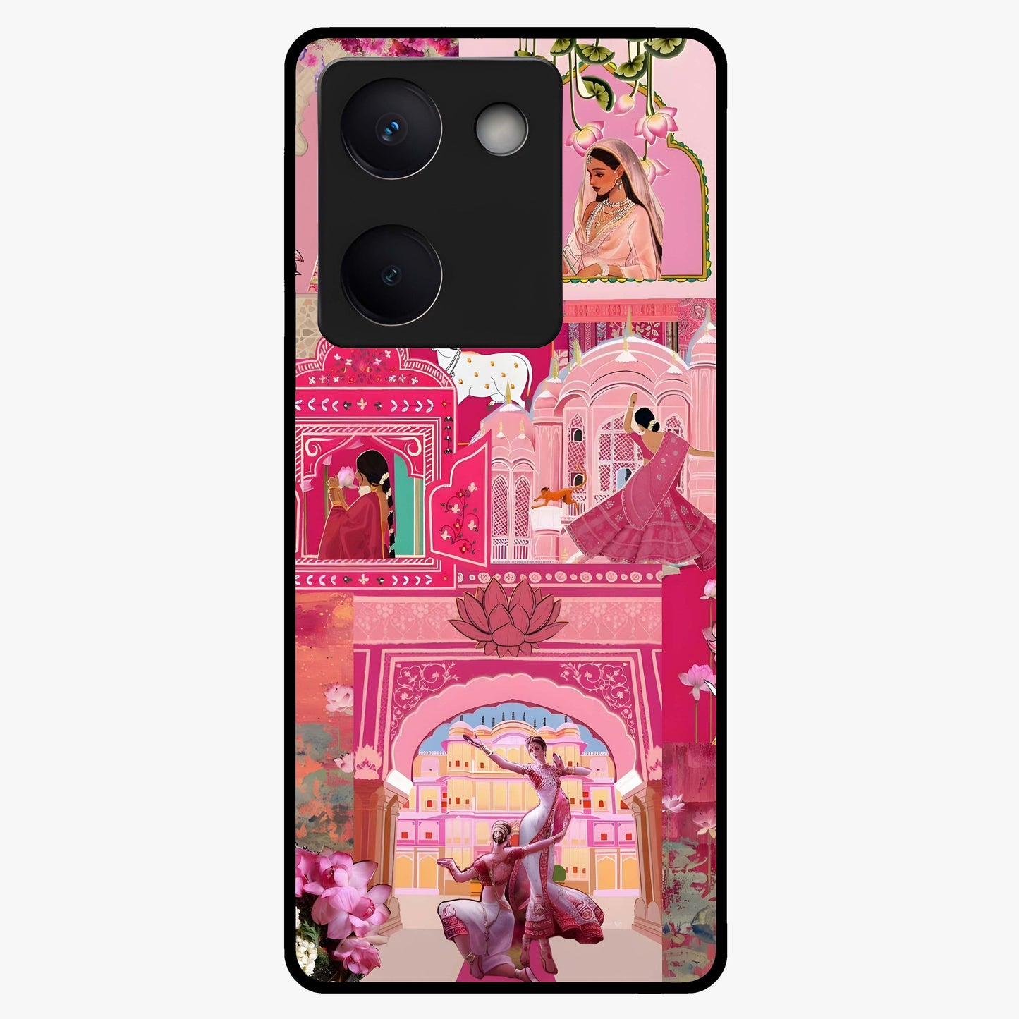 Blossoms of Rajasthan Glass Case showing flat back view with traditional floral artwork inspired by Rajasthan and glossy glass finish.