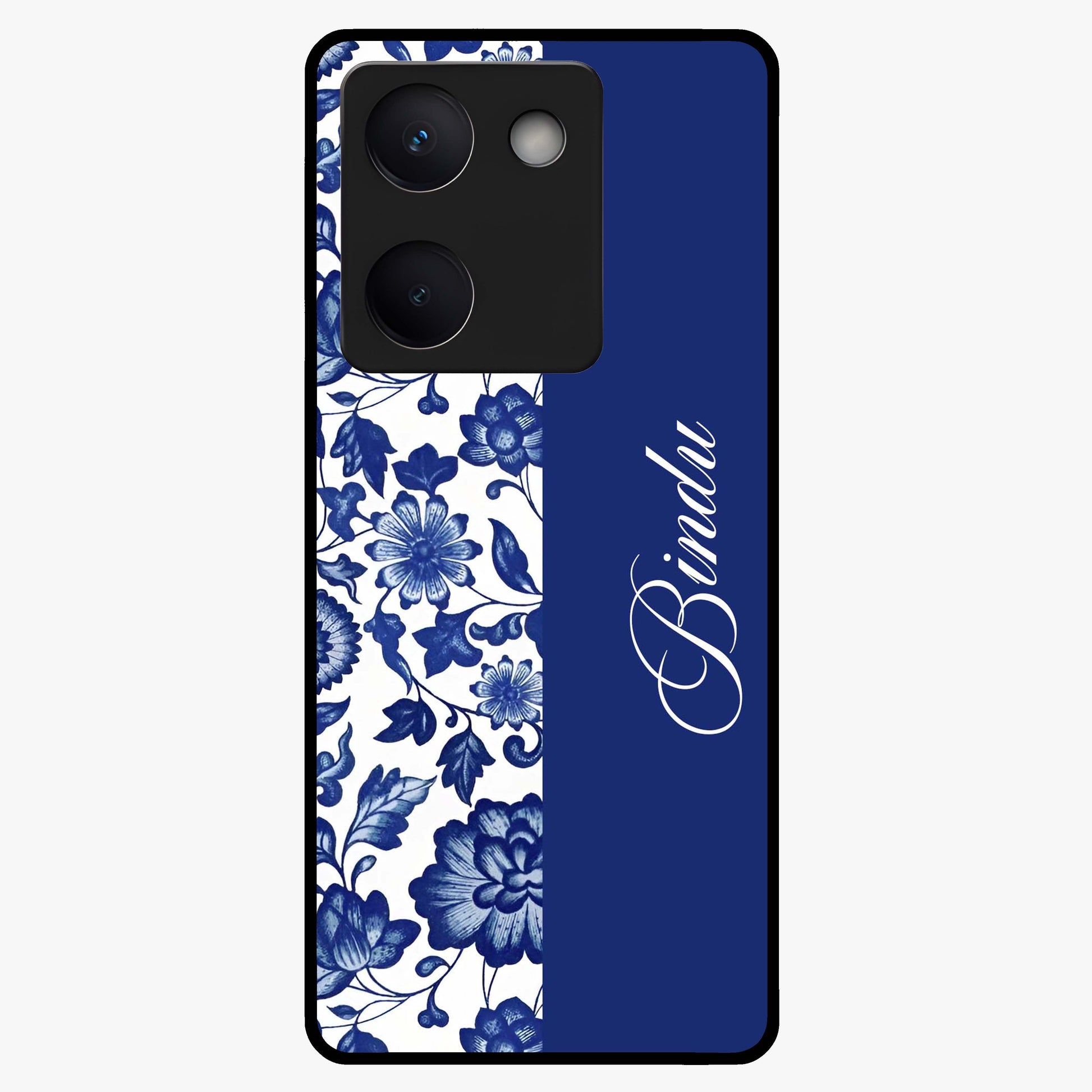 Blue Vintage Floral Pattern Glass Case upright view showcasing timeless floral illustration with vintage inspired style.