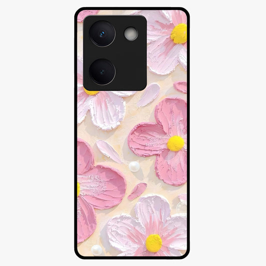 Blush Bloom Texture Glass Case showing flat back view with soft blush floral texture artwork and glossy glass finish.