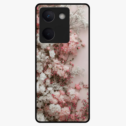 Blush Blossom Cloud Glass Case showing flat back view with dreamy blush cloud blossom artwork and glossy glass finish.