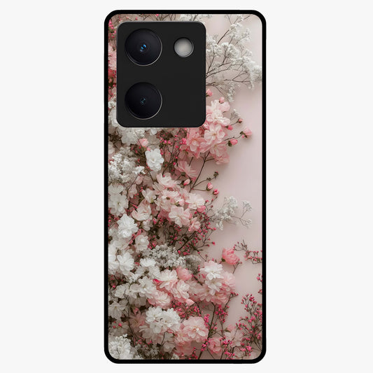 Blush Blossom Cloud Glass Case showing flat back view with dreamy blush cloud blossom artwork and glossy glass finish.