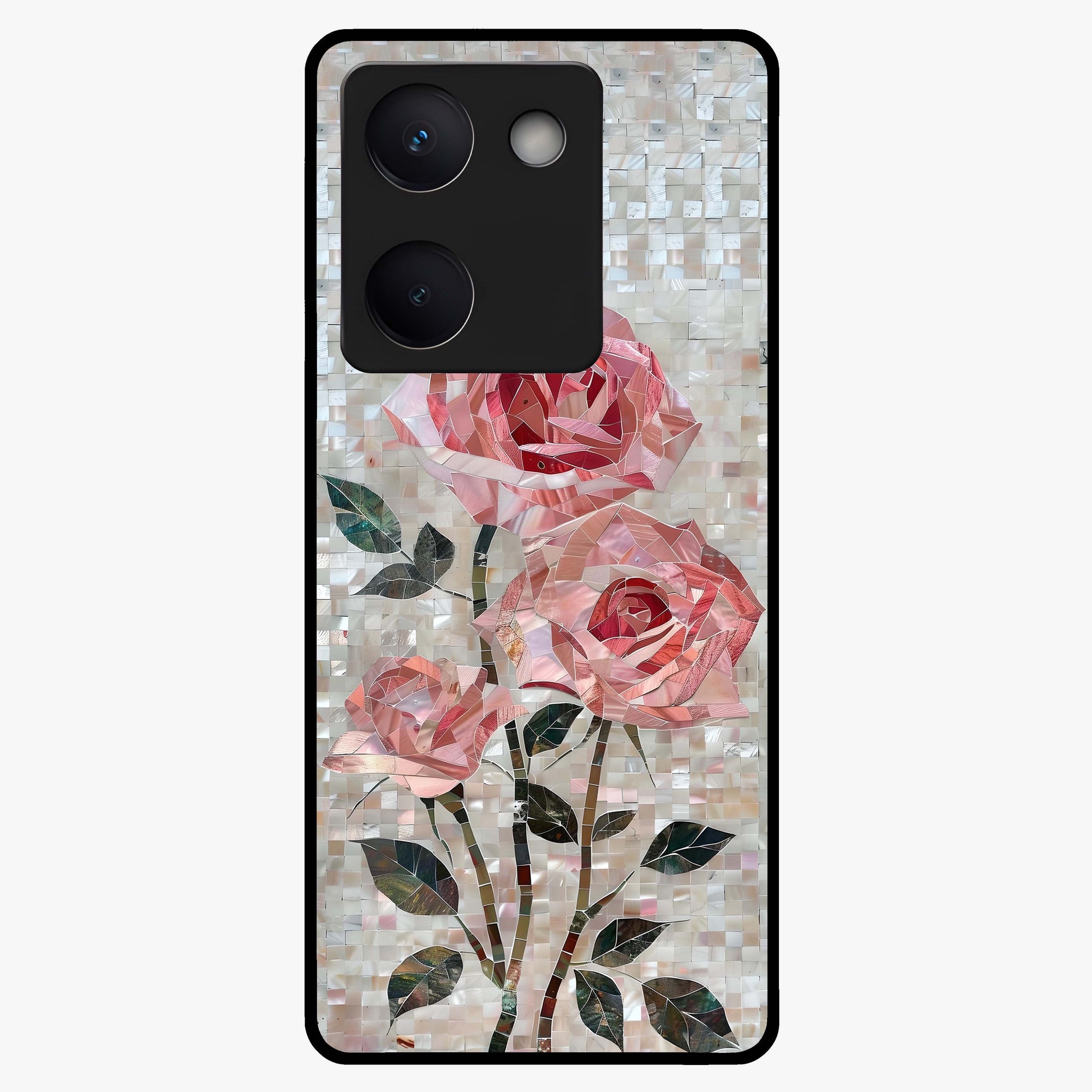 Blush Mosaic Bloom Glass Case showing flat back view with mosaic floral bloom artwork and glossy glass finish.