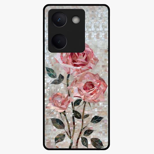 Blush Mosaic Bloom Glass Case showing flat back view with mosaic floral bloom artwork and glossy glass finish.