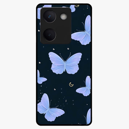 Butterfly With Stars Pattern Glass Case showing flat back view with butterfly and star pattern artwork and glossy glass finish.
