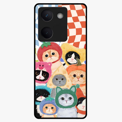 Cats in Fruits Glass Case showing flat back view with playful cat illustrations inside fruit artwork and glossy glass finish.
