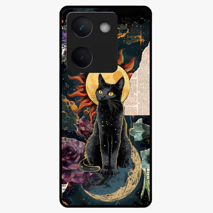 Celestial Black Cat Glass Case showing flat back view with mystical black cat artwork and glossy glass finish.
