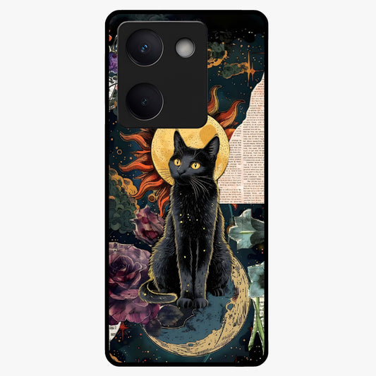 Celestial Black Cat Glass Case showing flat back view with mystical black cat artwork and glossy glass finish.