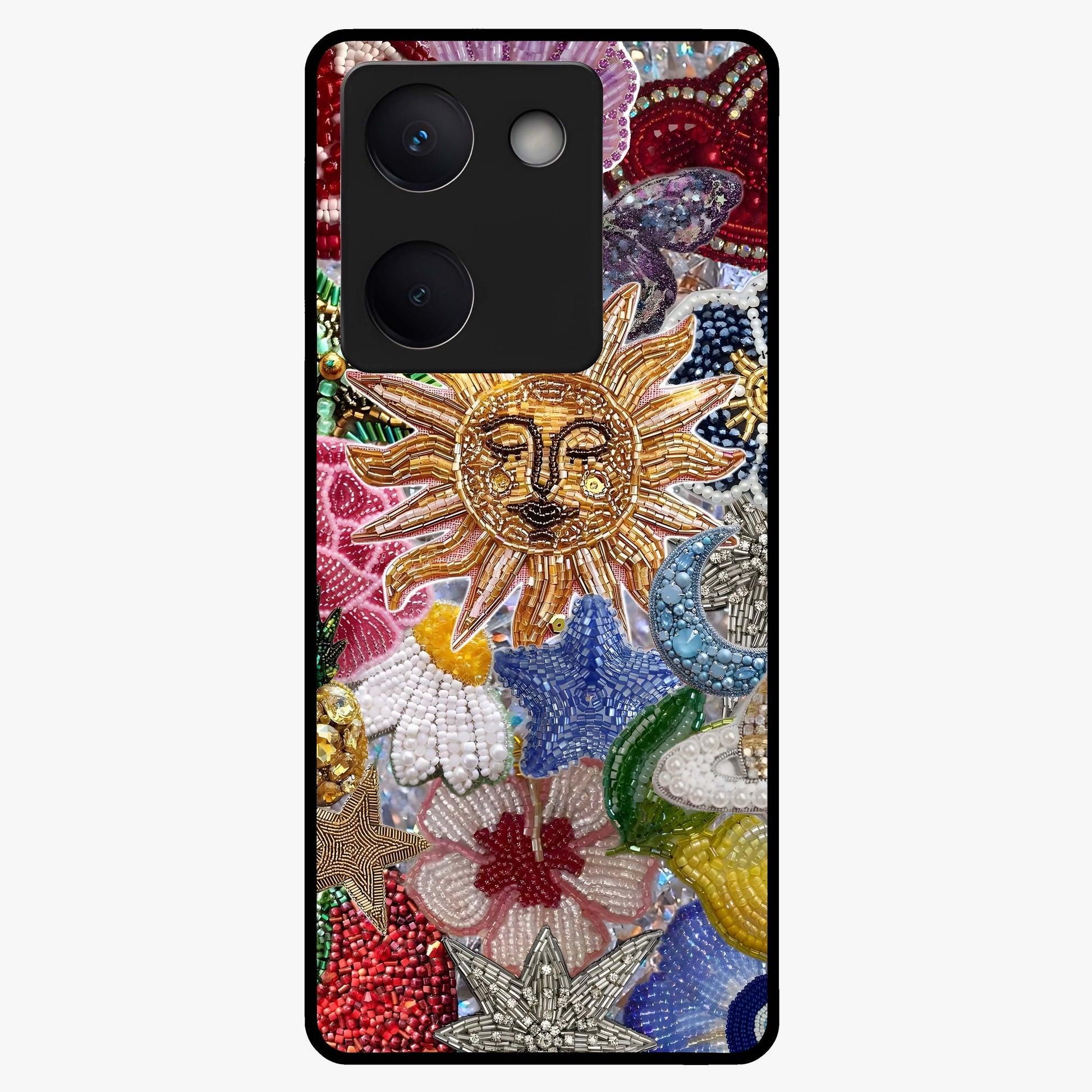Celestial Floral and Playful Glass Case showing flat back view with floral and celestial themed artwork and glossy glass finish.
