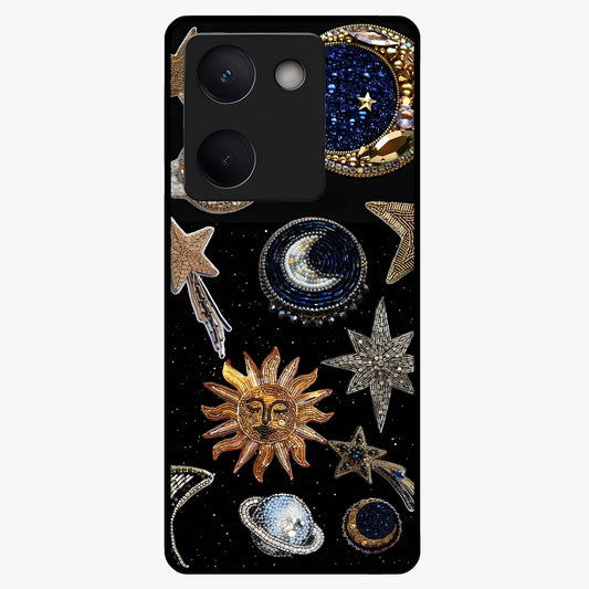 Celestial Gem Constellations Glass Case showing flat back view with sparkling constellation artwork and glossy glass finish.