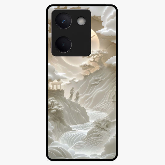 Celestial Origami Glass Case showing flat back view with artistic origami inspired celestial artwork and glossy glass finish.