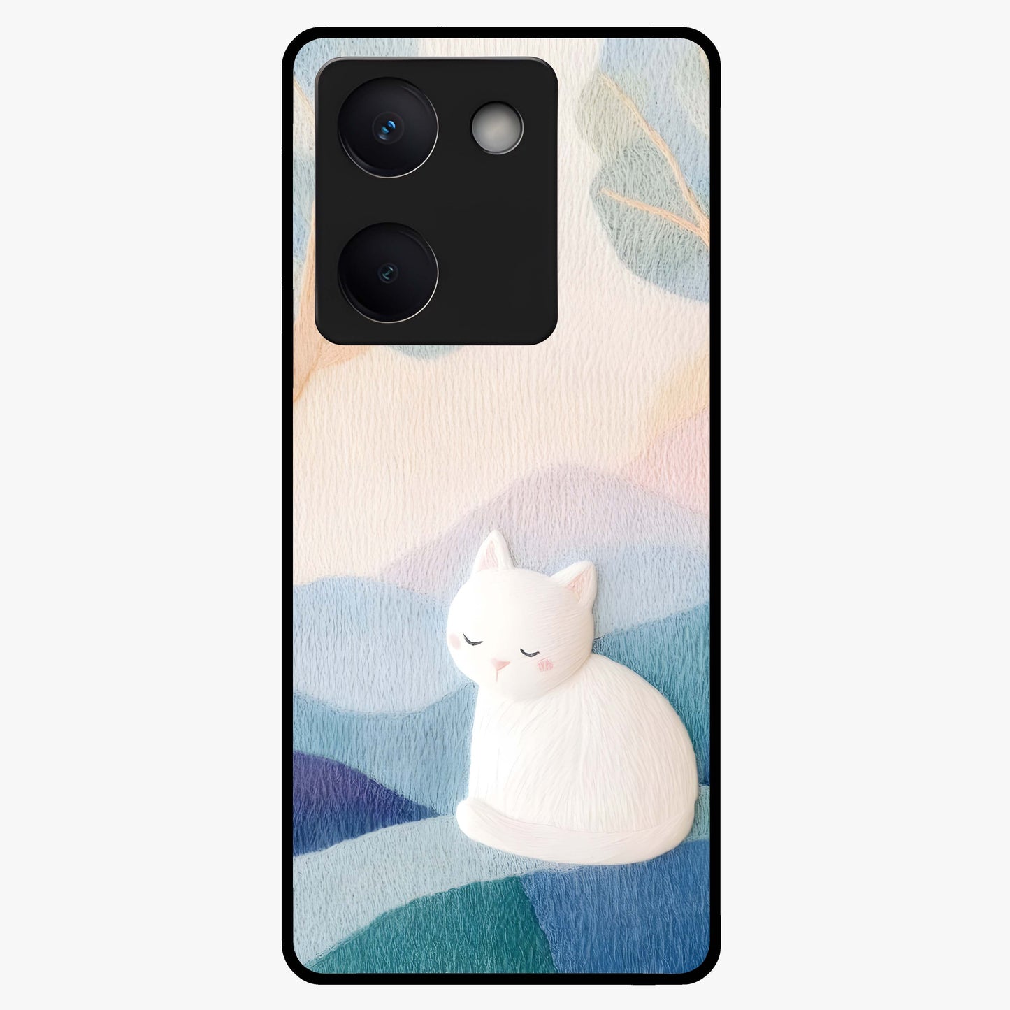 Cotton Dream Cat Glass Case showing flat back view with soft dreamy cat artwork and glossy glass finish.