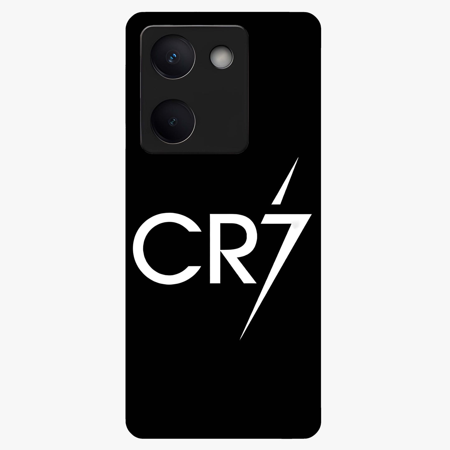 Cr7 Elite Strike Glass Case showing flat back view with dynamic football inspired artwork and glossy glass finish.