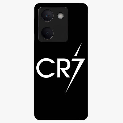 Cr7 Elite Strike Glass Case showing flat back view with dynamic football inspired artwork and glossy glass finish.