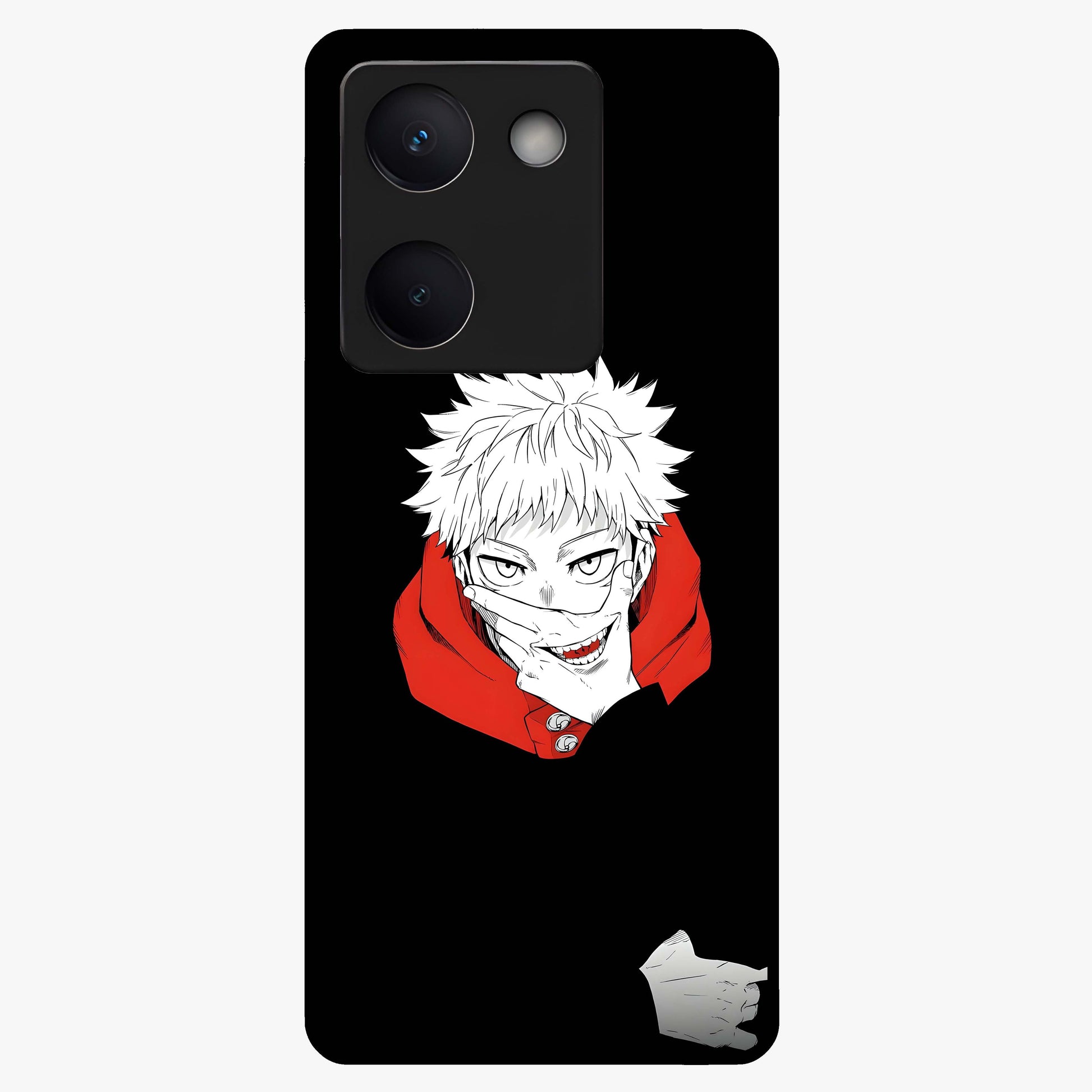 Crimson Chaos Smile Glass Case showing flat back view with bold chaotic smile artwork and glossy glass finish.