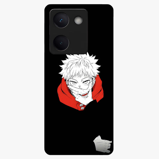 Crimson Chaos Smile Glass Case showing flat back view with bold chaotic smile artwork and glossy glass finish.