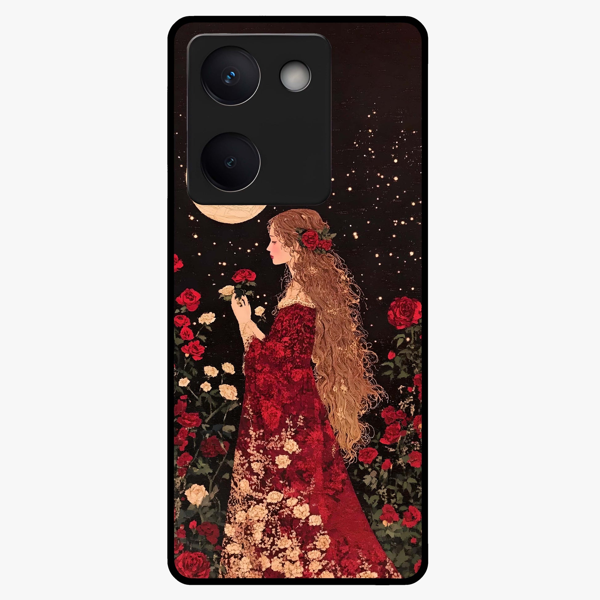 Crimson Dreams Glass Case showing flat back view with dreamy crimson artwork and glossy glass finish.