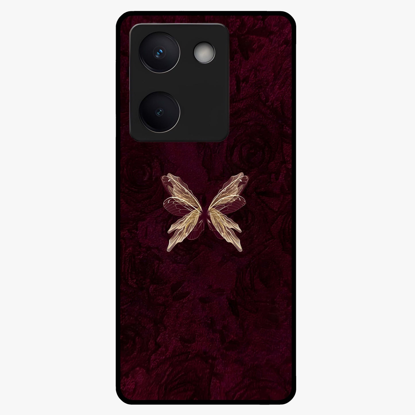 Crimson Fade Butterfly Glass Case showing flat back view with fading butterfly artwork and glossy glass finish.